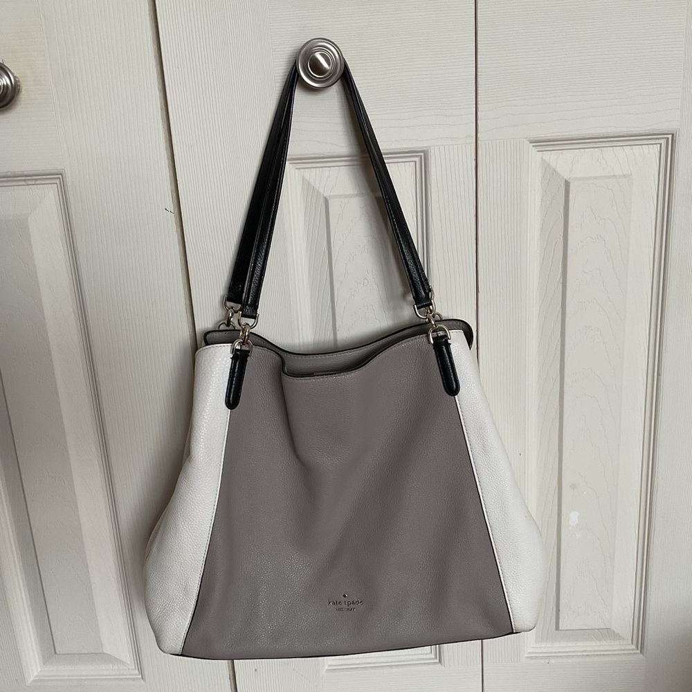Kate Spade Gray White & Black Large Leather Hobo shoulder bag purse